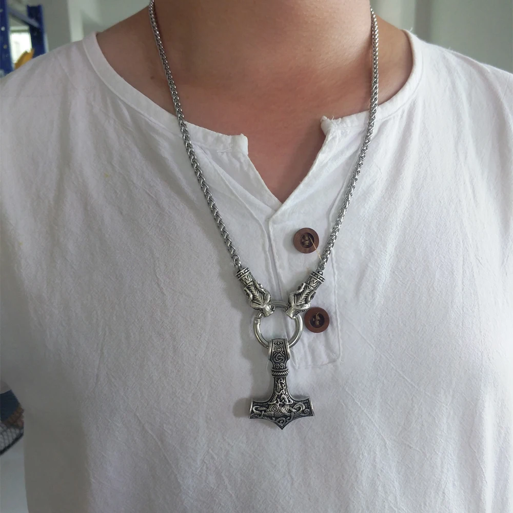 LANGHONG Nordic Viking Thor's Hammer Necklace Viking Thor's Hammer with wolf Head Necklace Jewelry Talisman LANGHONG Nordic Viking Thor's Hammer Necklace Viking Thor's Hammer with wolf Head Necklace Jewelry Talisman