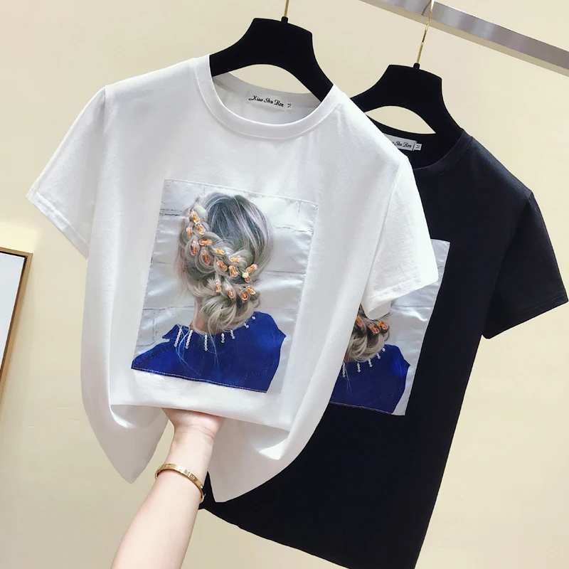 

Women Summer Top Black Tee Shirt 2019 Korea Style Fashion T-shirt Women Tops Cotton Short Sleeve Appliques White Tshirt