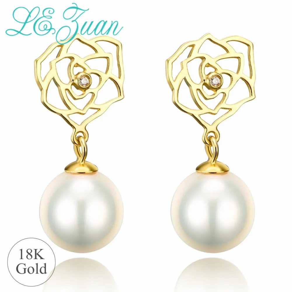 

L&zuan Fine Jewelry Natural Pearl 18K Gold Earrings for Woman 0.01CT Diamond Romantic Floral Stud Earrings Valentines Gifts
