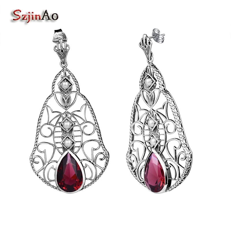 

SZjinao New Fashion Design Ruby water drop Stone Solid 925 Sterling Silver big Earrings for Women Tibetan Jewelry brincos 2017