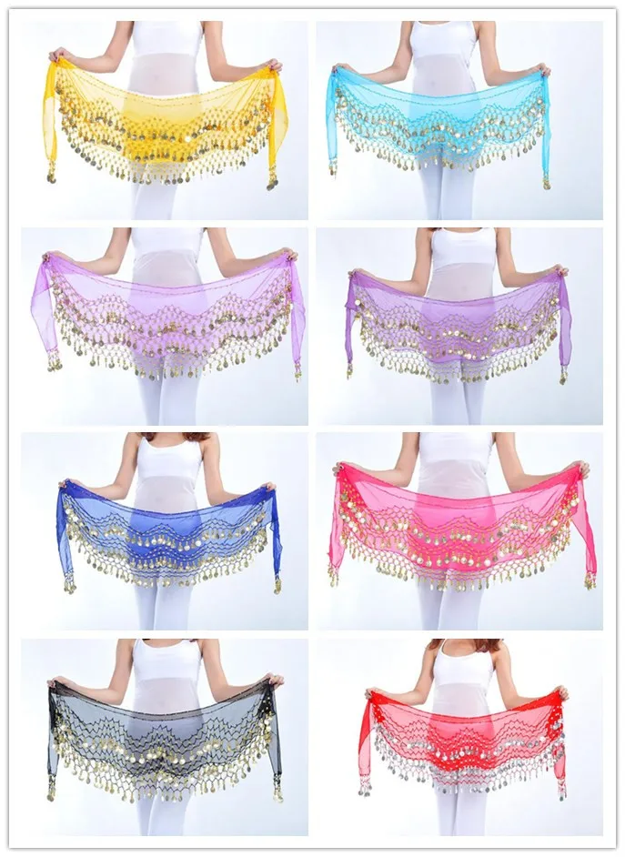 1pcs resell Egypt belly dance stage wear 128 golden/silver coins hip wraps scarf  waist belt 12 colors