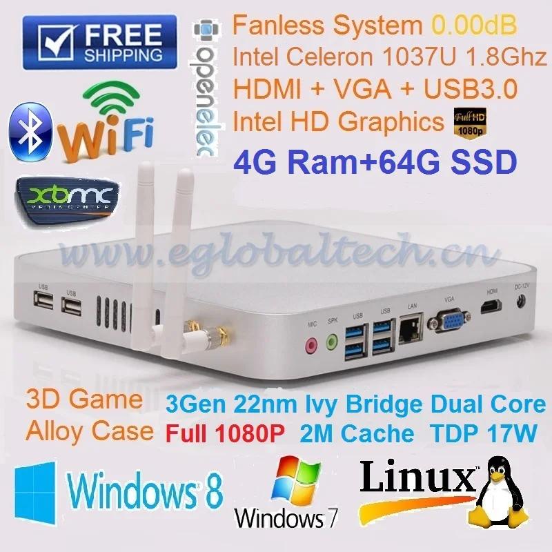  Cheap Mini HTPC Fanless PC Windows Kit NUC 4G Ram 64G SSD Processor Intel Celeron 1037U  Dual Core 1.8GHz  DHL Free Shipping 