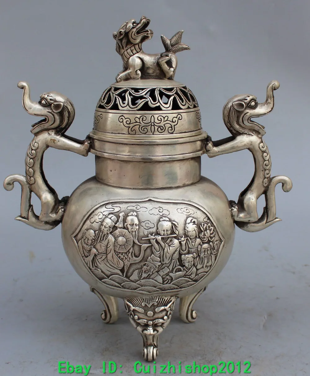 

Details about 15"Marked Chinese Silver 8 god Eight immortal Dragon Lion Beast Incense Burner