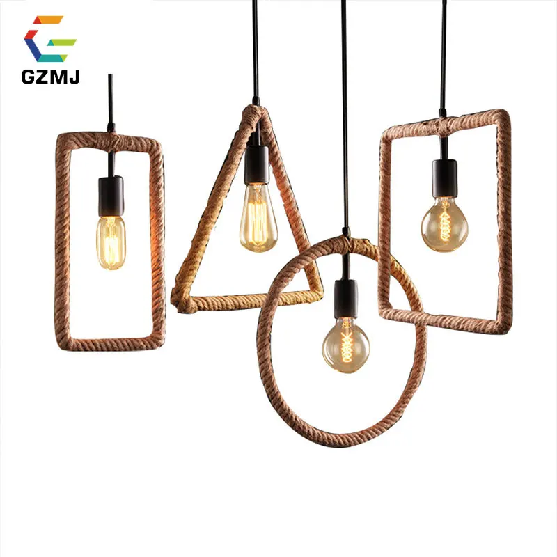 

GZMJ Modern Metal LED Pendant Lights 90-260V Hemp Rope Decor Hanging Lamp Rectangle Round Triangle Square E27 Loft Hanglamp