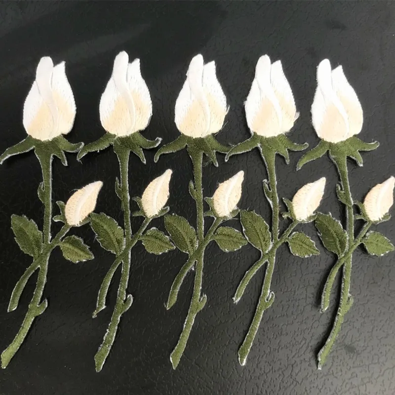 5pcs/lot White Rose Patch iron on flower bud sticker embroidered