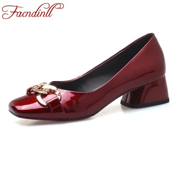

FACNDINLL women 2019 new spring summer fashion pumps shoes genuine leather square heels office ladies dress party casual pumps