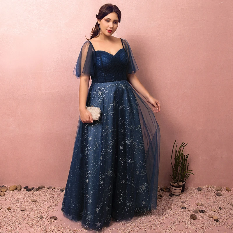Robe Longue De Soiree En Dentelle Bleu Marine Grande Taille Col En V Dos Nu Etoile Perles Robes D Occasion Aliexpress