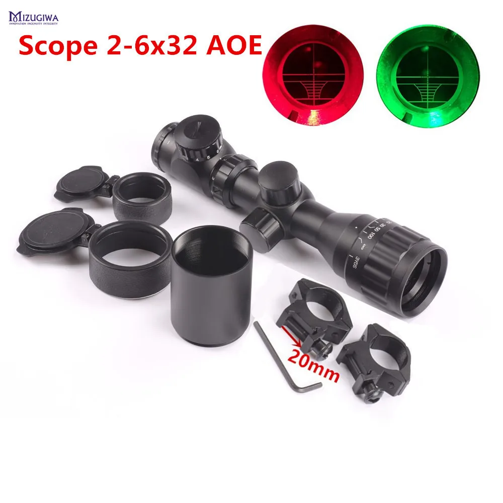 

Tactical Reflex 2-6x32 AOEG Red Green Mil-dot Short Adjustable Sight Rifle Scope with Picatinny Rail Mount 20mm Scope Sunshade
