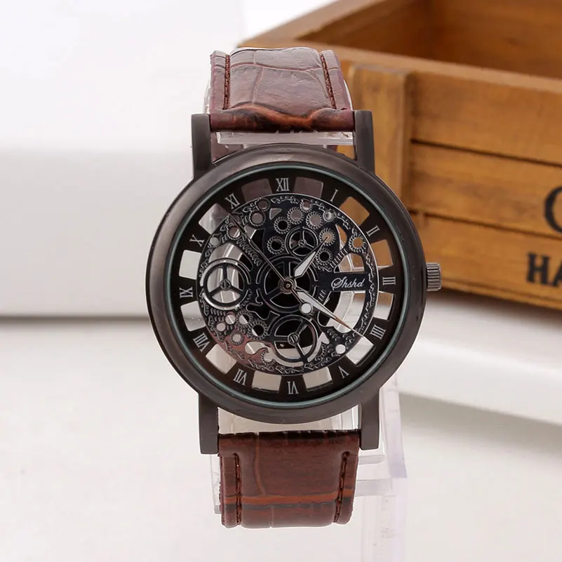 Роскошные брендовые полые наручные часы с гравировкой для мужчин, часы со скелетом для мужчин, женские кварцевые часы, деловые модные часы с кожаным ремешком - Цвет: Brown