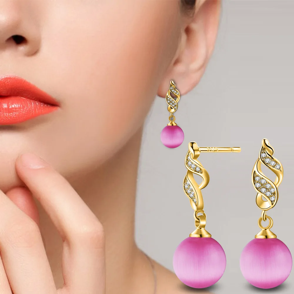

Fashion New Pink Opal Stone Drop Earring Crystal Spiral Design Gold Color Earring For Women Jewelry