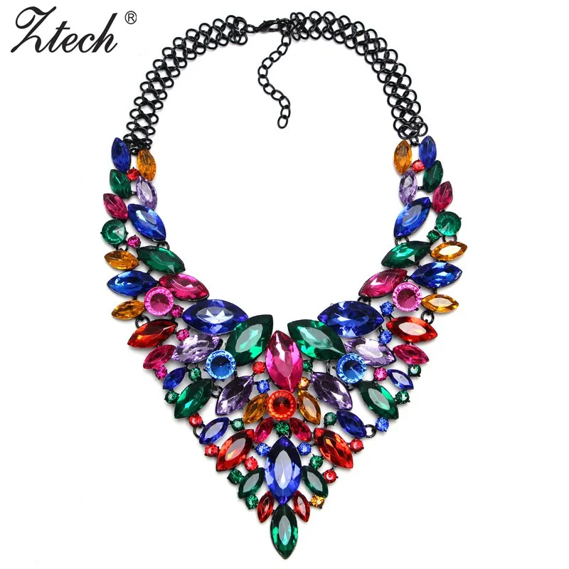 Hot Sale Colorful Crystal Luxury Bridal V Shaped Rhinestone Wedding Maxi Statement Necklaces Pendants Jewelry For