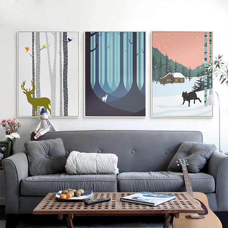 

Nordic Winter Forest Elk Snow Hut Canvas Painting Home Room Tree White Deer Wall Picture Animals Dog Art Poster Hound Decoration