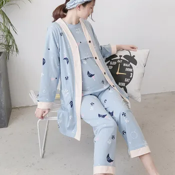 

3 PCS Set Printed Cotton Maternity Nursing Breastfeeding Pajamas Spring Autumn Fashion Nightdress Homewear Sleepwear Suit A004