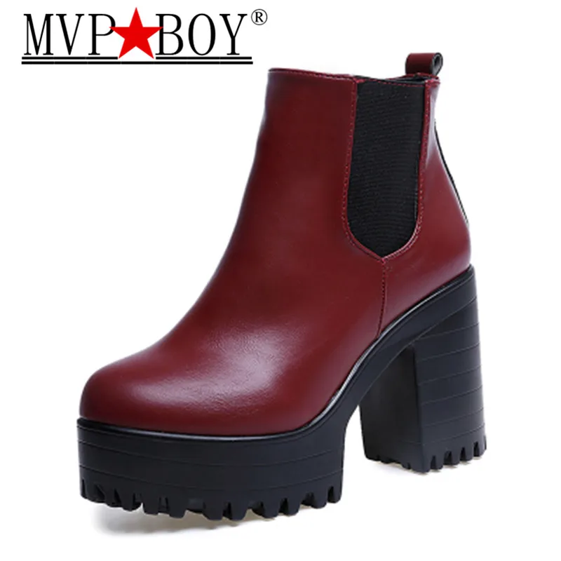 

Mvp Boy Botas Mujer Fashion Women Boots Square Heel Platforms Zapatos Mujer PU Leather Thigh High Pump Boots Motorcycle Shoes