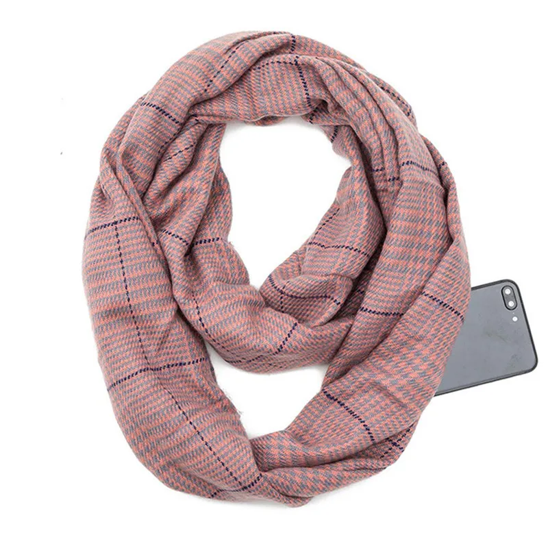 Клетчатый зимний шарф с карманом, вязаный теплый трансформер, женская и мужская накидка с потайной карман с молнией infinity - Цвет: 6