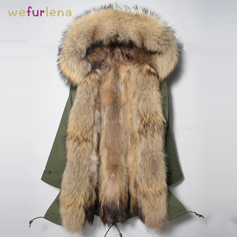 Women Natural Raccoon Dog Fur Jacket Parkas Winter Warm Thick Genuine