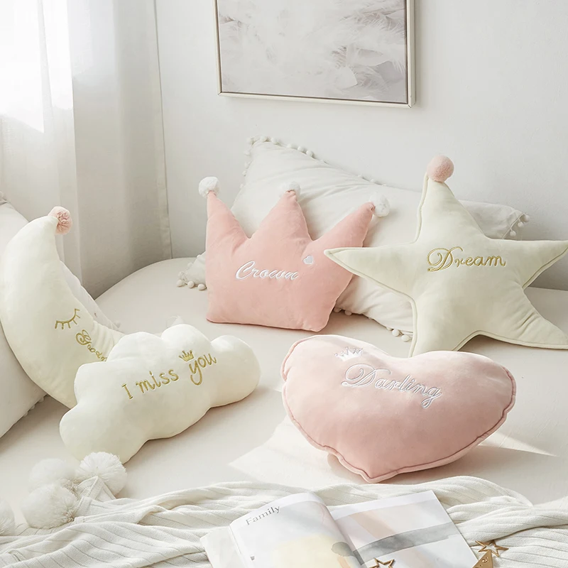 

iDouillet Princess Crown/Heart/Moon/Claud/Star Shaped Stuffed Throw Pillow Pompoms Nursery Cushion for Kids Sofa Bed Couch Decor