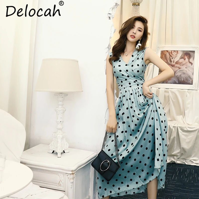 

Delocah New Women Spring Summer Dress Runway Fashion Vintage V-Neck Bow Tie Draped Dot Printed Elegant High Waist Midi Dresses