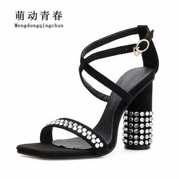 

New Wonen Sandals High Heels Diamond Thick Heels Party Shoes Gladiator Wedding Shoes Fashion Rhinestone Ankle Strap Women Pumps