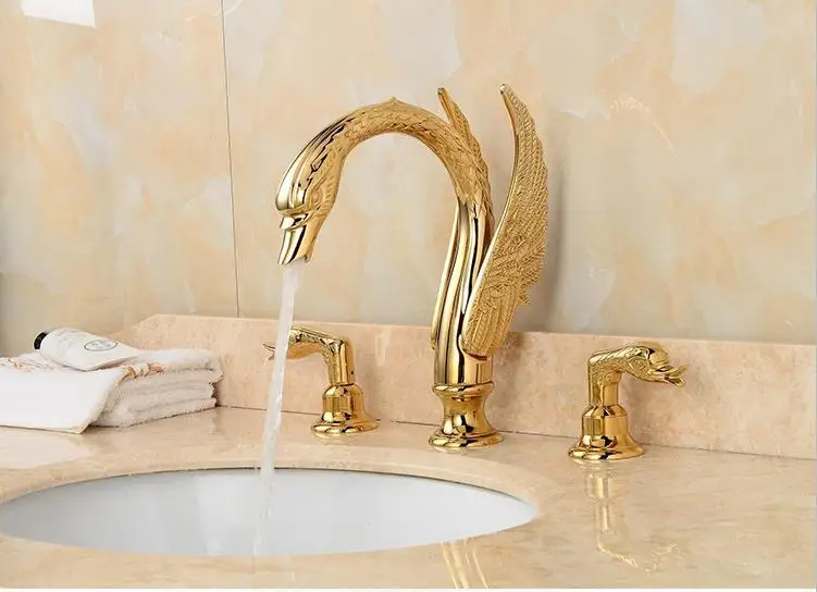 Soild brass gold finish faucet bathroom golden swan faucets double