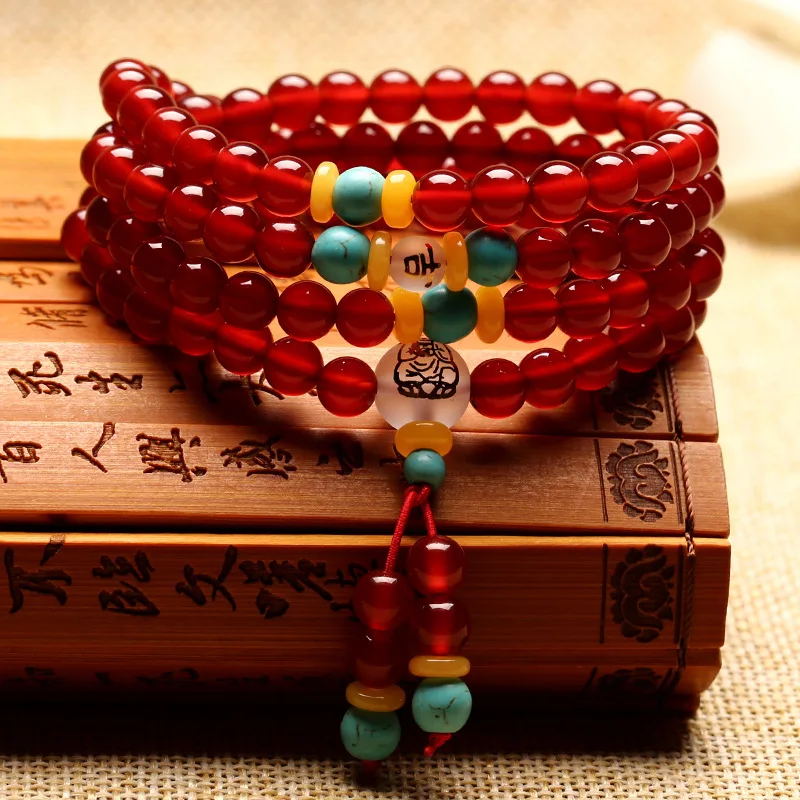 

108 Beads Natural Stone Bracelet Red Mala Buddhist Prayer Rosary Strand Necklace Buddha Meditation