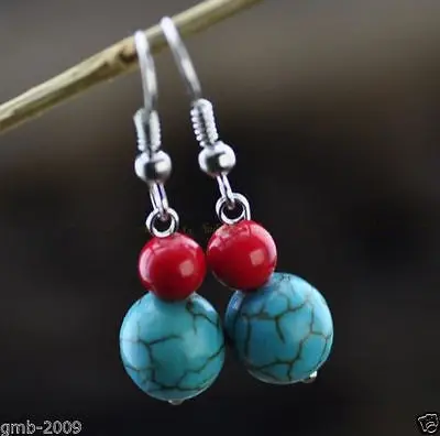 

Hot selling> Free shipping@ Vintage Red Shell Pearl&Blue Turkey Turquoise 925 Sterling Silver Dangle Earring -Bride jewelry free