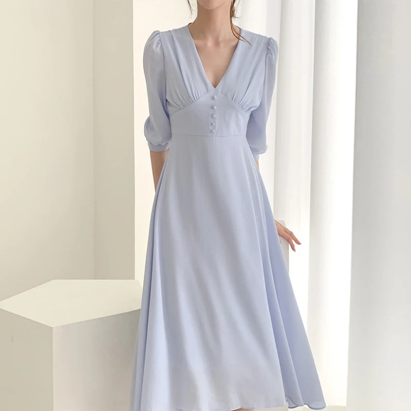 SHENGPALAE, новое летнее японское корейское Стильное женское платье средней длины с рукавом-фонариком, с пуговицей, v-образным вырезом, завышенная талия, ТРАПЕЦИЕВИДНОЕ ПЛАТЬЕ FQ908 - Цвет: blue