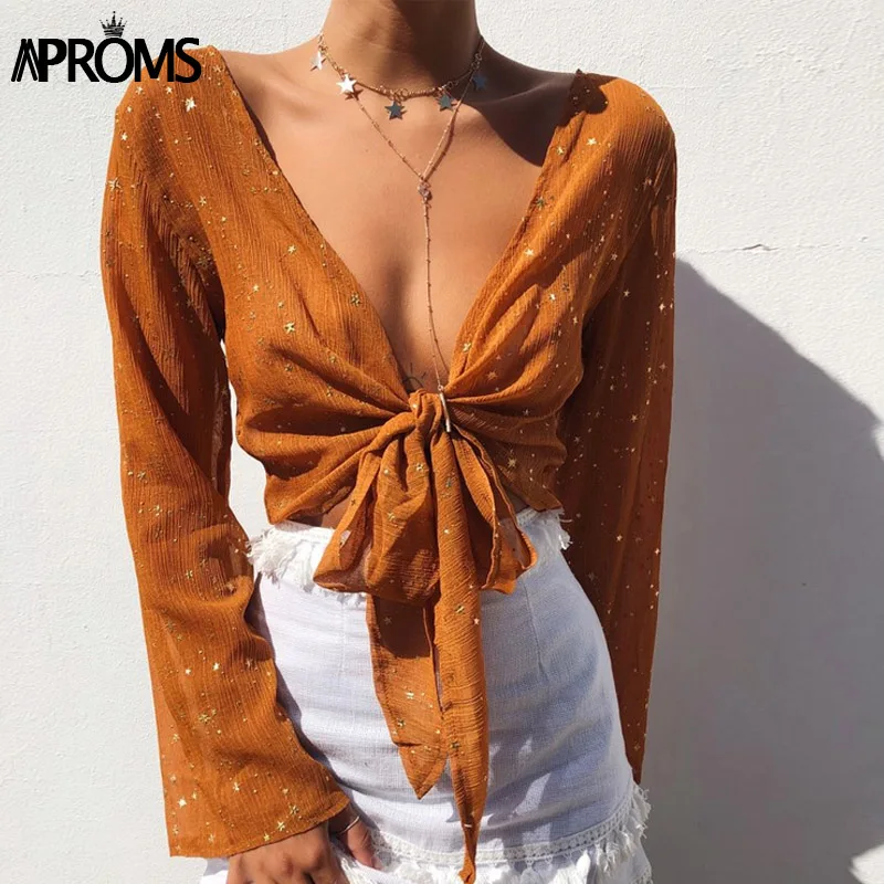 Aproms Gold Star Wrap Bow Tie Blouse Women Summer V Neck Long Sleeve Sheer Shirts Lady Streetwear C