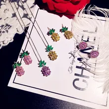 Ювелирные наборы для Для женщин S925 серебряные серьги ожерелья Подвески Прекрасный ананас кубического циркония желтый/розовый Fine Jewelry