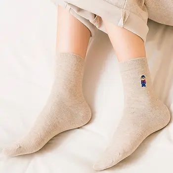 

1Pair Women Cotton Socks Fashion Embroidered Cartoon Animal Mid Tube Ladies College Style Short Sock