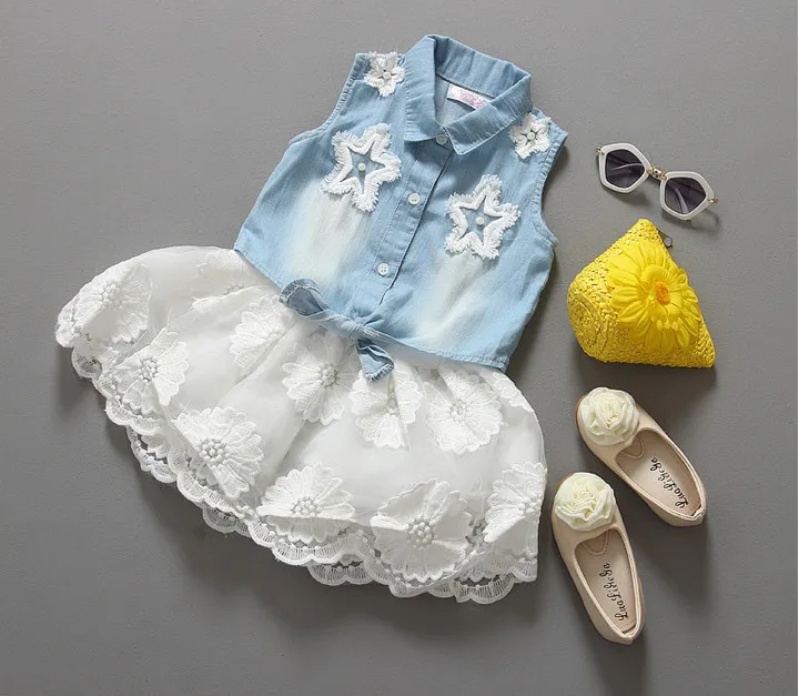 

Fashion Girls Summer Dresses Clothing Sets Baby Girls denim Shirts Blouses+white chiffon Lace tutu dress 2 pcs Suit For Children