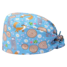 Women’s Adjustable Medical Surgical Scrub Hat Cap 100% Cotton made with Fox and Bear in Blue Tie Back Veterinary Cap Dentist