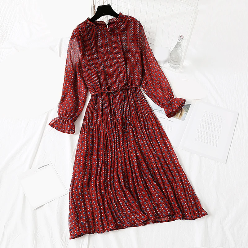 

Spring Autumn Women Vintage Printed Dress Long Sleeve Pleated Casual Chiffon Dress 2019 Elastic Waist Long Dress high quality