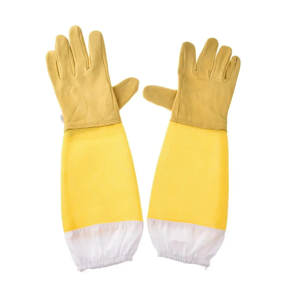 1 Pair Of Yellow Beekeeping Gloves Goatskin Bee Keeping Wear Resistant With Vented Beekeeper Long Sleeves For Beekeepers