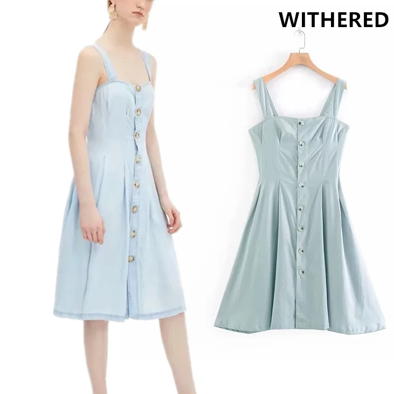 

Withered high street washed vintage single breasted spaghetti denim dress women vestidos vestidos de fiesta de noche maxi dress
