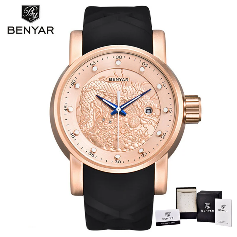 Kaufen BENYAR Sternzeichen Drachen Herren Uhren Militär Armee Top Marke Luxus Sport Casual Wasserdichte Uhr Silikon Mann Uhren Gold 2019