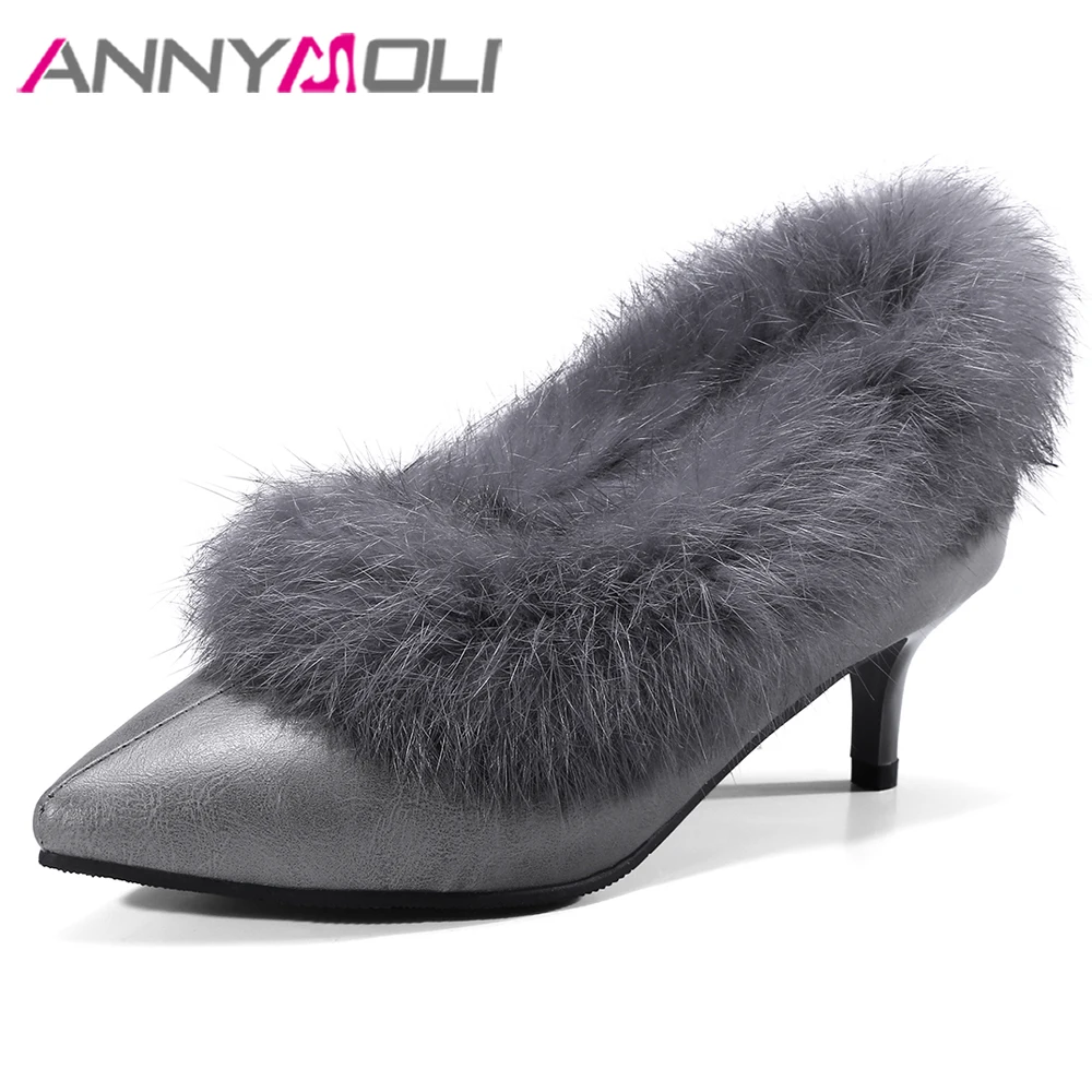 Pointu Dame Grande Fourrure Noir gris Talons Femmes Noir Haut De 3 Haute Annymoli Printemps 46 12 Gris Pompes Chaussures Bout Stiletto Casual Taille 74nPW1Ca