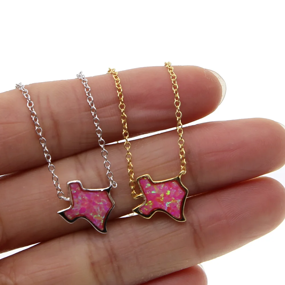 Opal stone paved Texas Map Necklace With Heart USA State