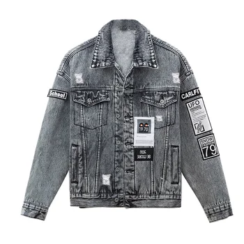 

Women Frayed Denim Bomber Jacket Appliques Lady Elegant Outwear Autumn Fashion Coat Broken hole vintage denim jacket