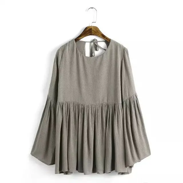 Autumn women new solid round neck After lacing pleated swing hedging shirt XY8-968 |
