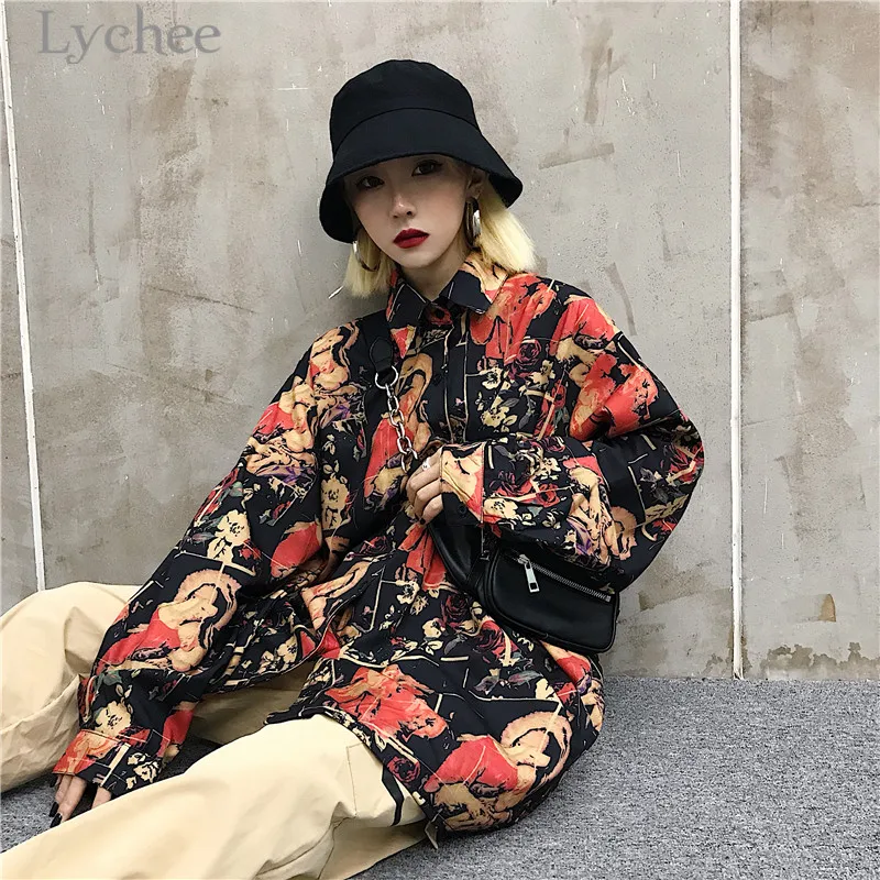 Женская блузка Lychee с принтом в стиле Харадзюку Повседневная Свободная рубашка