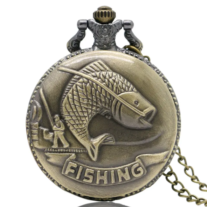

Retro Bronze Fishing 3D Design Case Quartz Fob Pocket Watch with Necklace Chain for Men Women Fisher Best Gift Item