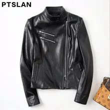 Ptslan 2017 Genuine Leather Jacket For Women Basic Sheepskin Jackets Motorcycle Motorbike Zipper Closure Spring Autumn