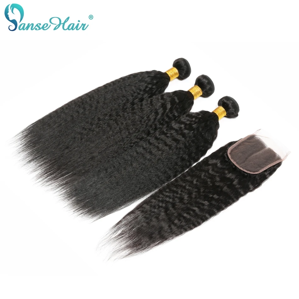 

Panse Hair Kinky Straight Indian Hair Weave Bundles With Closure Human Hair 3 Bundles With Closure Non Remy Coarse Yaki