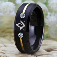 Tungsten Carbide Rings Vacuum Plating Black Golden Line Rings With White Stones Mason Masonic Tungsten Ring Anniversary Gift 2