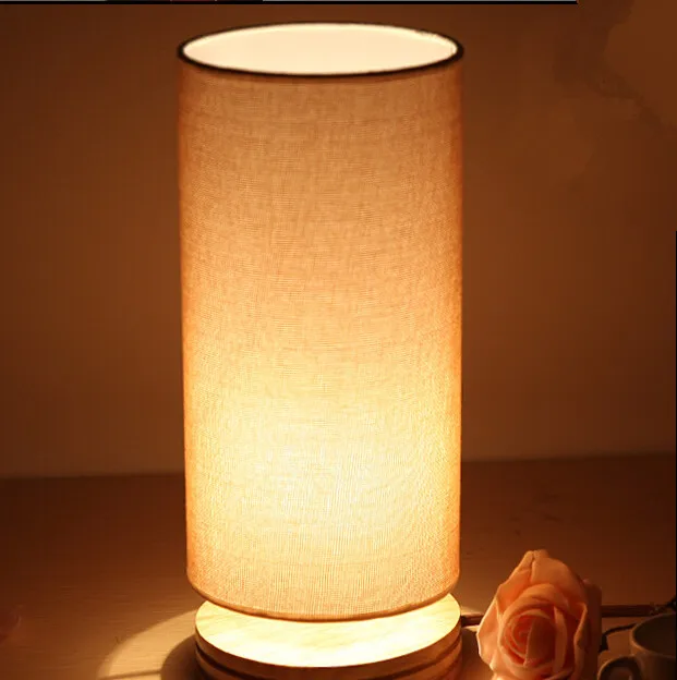 Современная настольная лампа, Деревянный светильник, светодиодный светильник, тканевая лампа, цилиндрический абажур для спальни, офиса, настольная лампа