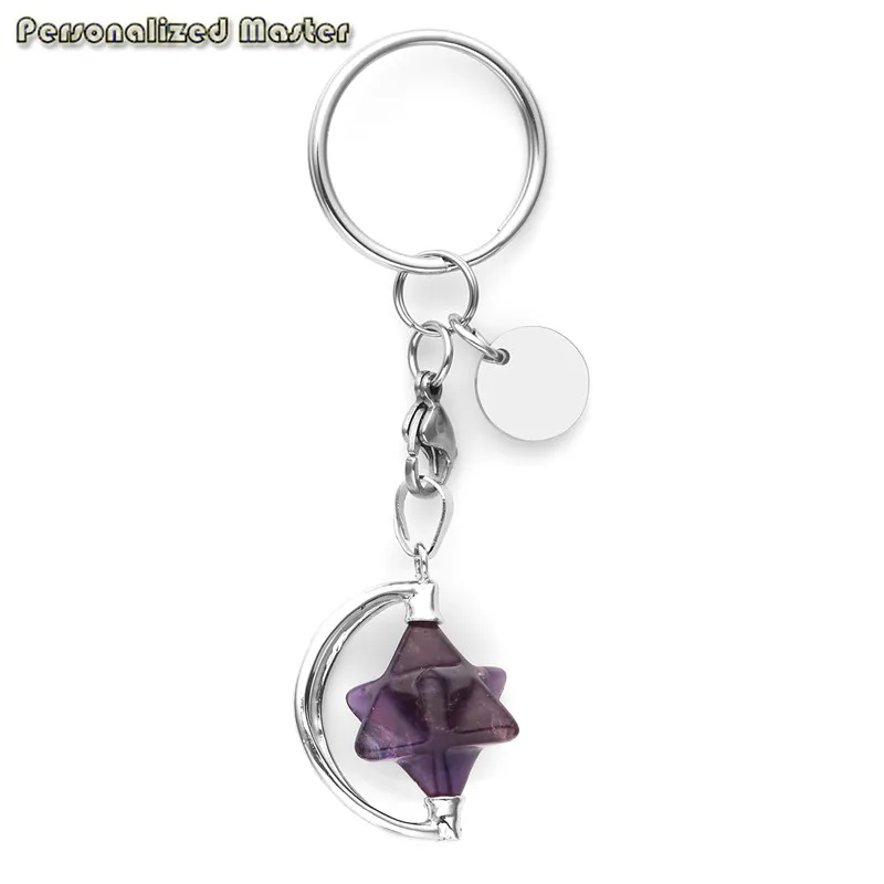 

Personalized Master Engraved Spinning Merkaba Star Sacred Geometry Chakra Gem stone Pendant Keychain, Healing Crystal Key Ring