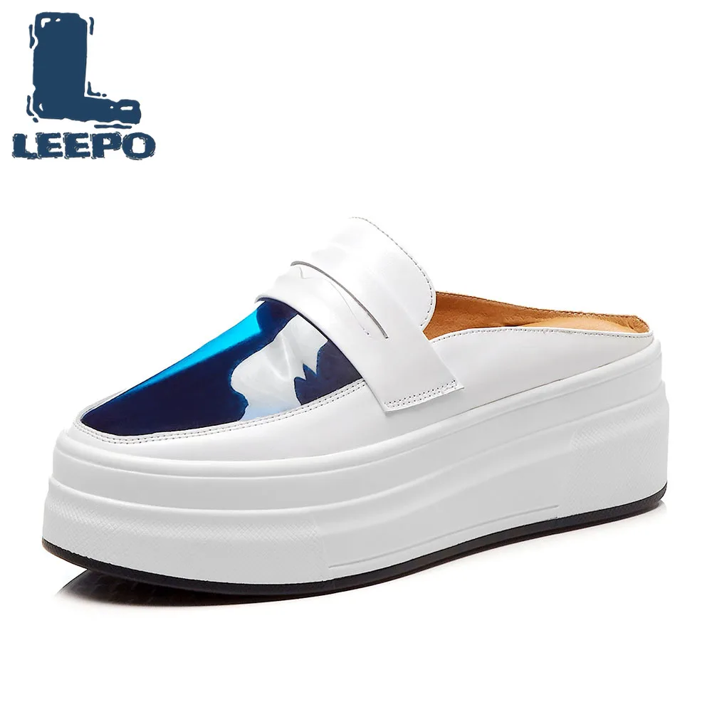 

LEEPO Flat Platform Mules Shoes Women Genuine Leather Slippers Woman Summer Platform Shoes Handmade Sandals Fashion Outdoor Mule