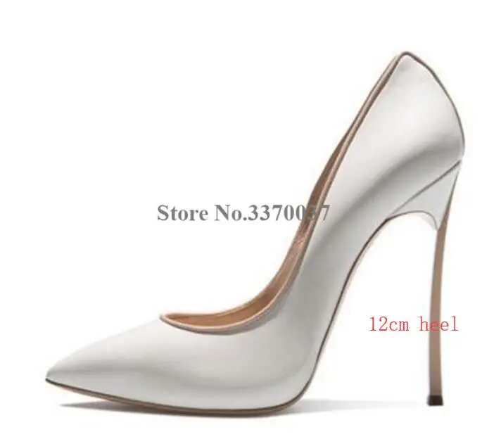 white 12cm heel Фирменный дизайн; женские туфли-лодочки с острым носком на металлическом каблуке-шпильке без застежки; цвет белый, синий, розовый; модельные туфли на высоком каблуке; свадебные туфли - Цвет: white 12cm heel