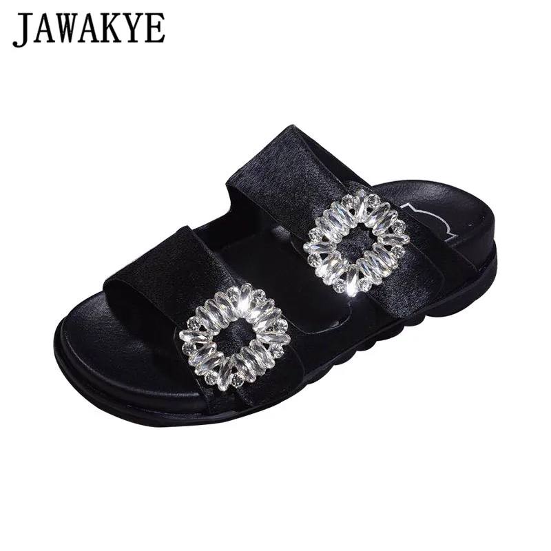 

Black Horsehair Rhinestone Slippers Women Big Square Crystal Diamond Summer Shoes Sexy Genuine Leather Leopard Flip Flops Women